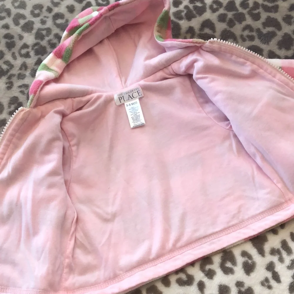 Children’s Place Pink Green Checkered Full Zip Fleece Hooded Jacket 3-6 months